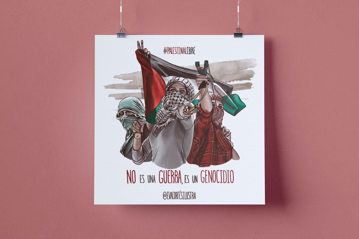 Palestina libre, en esta ilustración se pueden ver a tres personas en posición de lucha pero sin armas, solo con unos tirachinas. Los tres personajes tienen la cabeza cubierta con pañuelos palestinos y camisetas, detrás una de estas figuras ondea la bandera palestina con la mano en seña de paz.